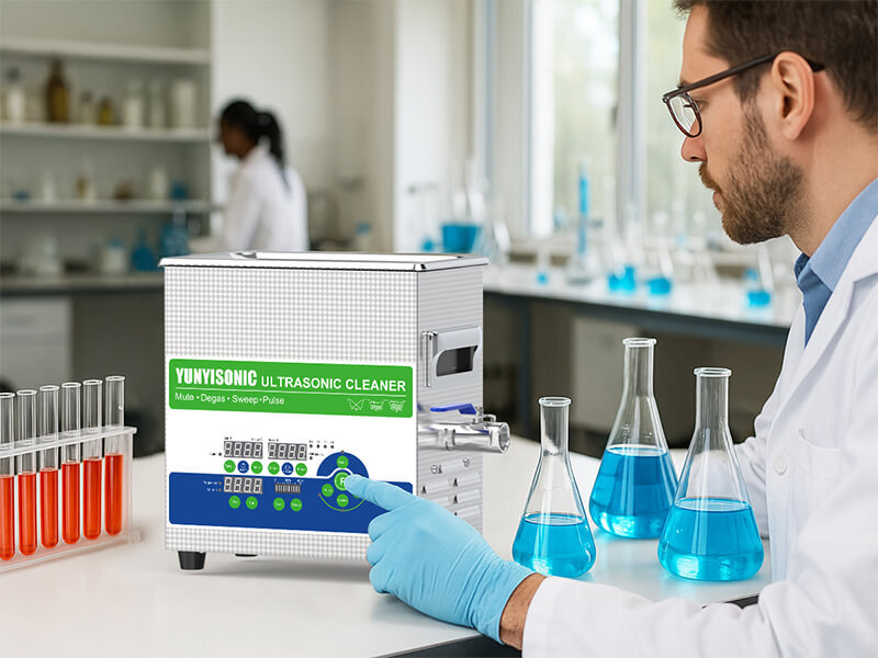 Ultrasonic cleaner on lab benchtop with glassware beakers tubes