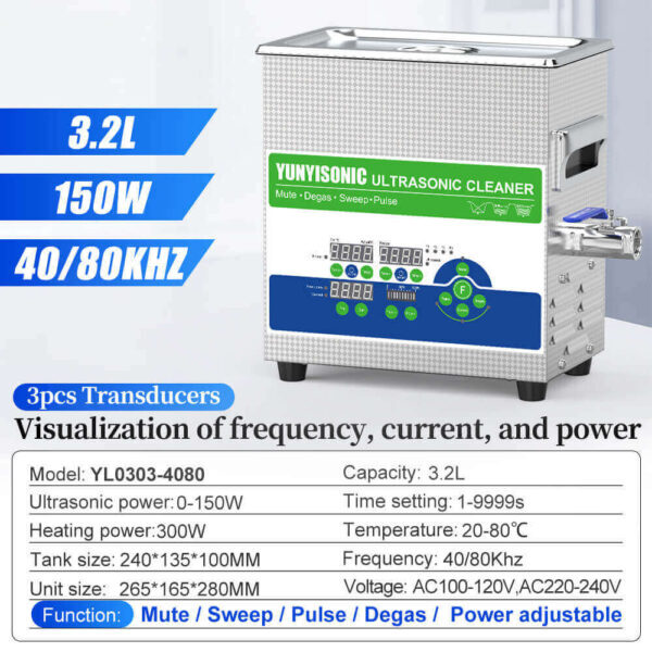 Yunyisonic YL0303-4080 3.2L Switchable Dual-Frequency Ultrasonic Bath, 40/80kHz, Adjustable Power 0–150W