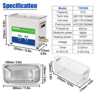 Specification 6.5L of parts washer ultrasonic cleaner