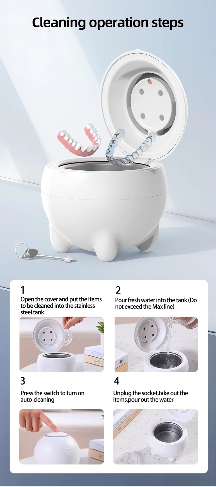 5-Minute Auto-Cleaning 48kHz Ultrasonic Cleaner for Invisalign & Dental Tools