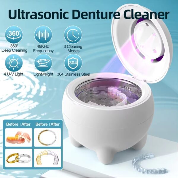 Portable 48kHz UV Ultrasonic Cleaner for Dental Appliances | 360° Deep Cleaning for Dentures Jewelry Travel Use