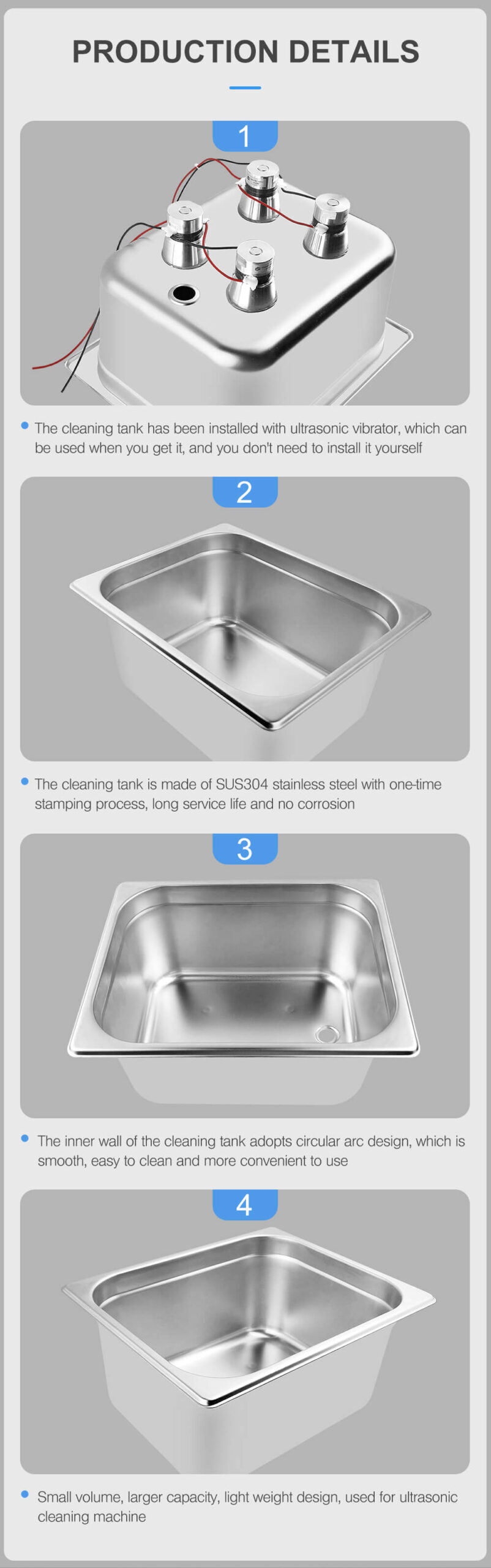 40kHz Ultrasonic Cleaning Machine Tank with 60W Transducer Packs