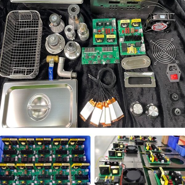 Full DIY ultrasonic cleaner parts package including transducers, drive boards, heater elements, control knobs, wiring, and accessories