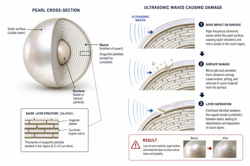 Diagram showing pearl crosssection with nacre layers and ultrasonic waves causing surface damage and layer separation
