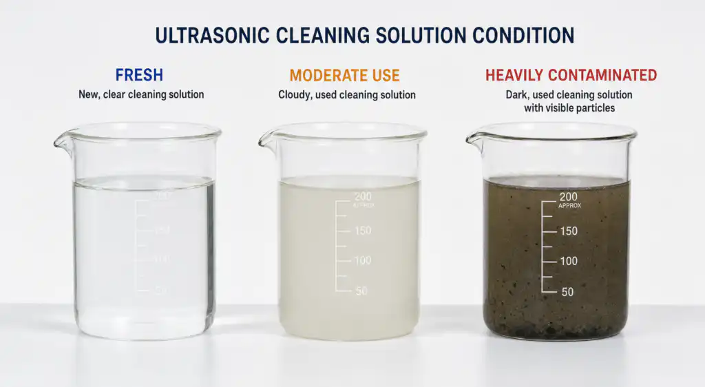 Comparison of three beakers showing fresh clear ultrasonic cleaning solution, moderately used cloudy solution, and heavily contaminated dark solution with visible particles