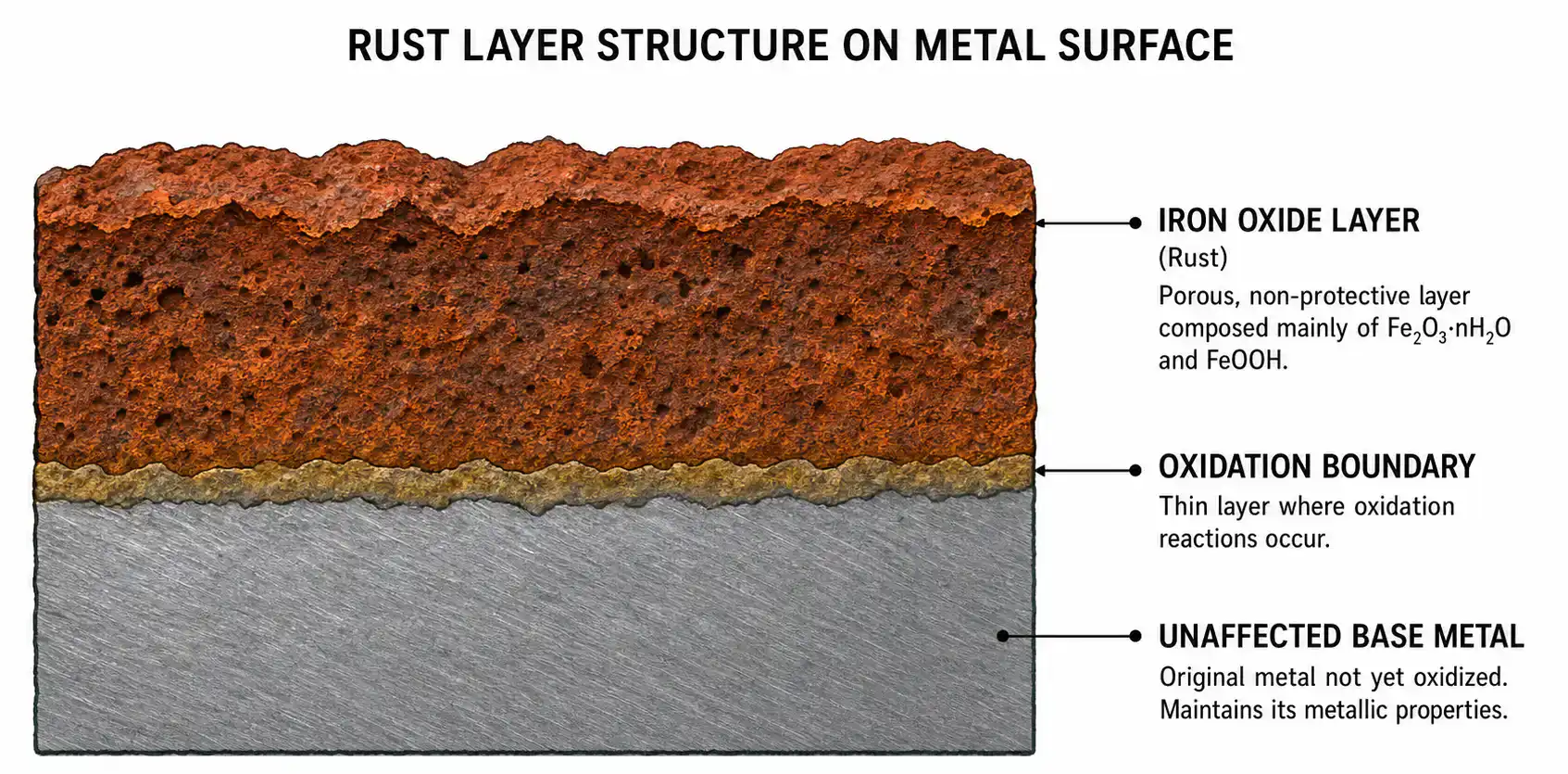 Schematic diagram of the cross-sectional structure of the rust layer on a metal surface