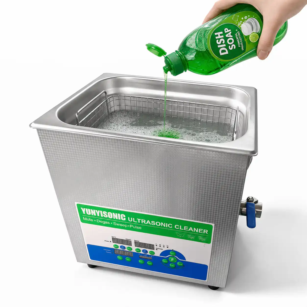 A small amount of dishwashing liquid is being added to the ultrasonic cleaning tank