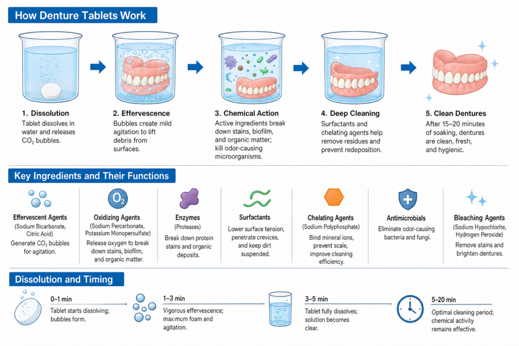 The working principle of denture cleaning tablets in the cleaning solution