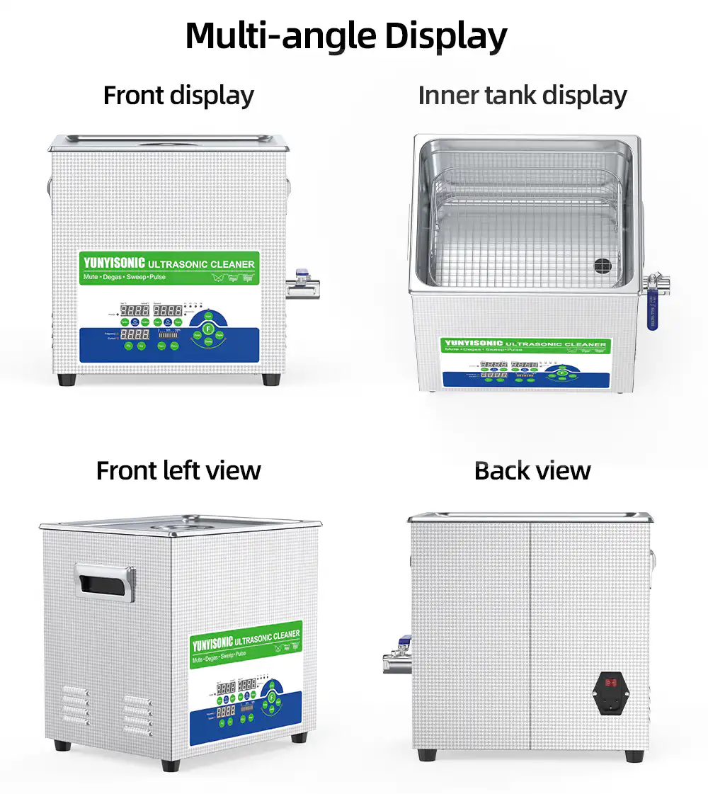 Multi-angle display of Yunyisonic ultrasonic bath showing front, inner tank, left and back views Multi-angle display of Yunyisonic ultrasonic bath showing front, inner tank, left and back views