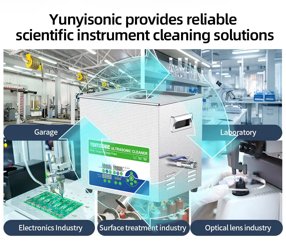 Yunyisonic ultrasonic bath applications: lab, electronics, garage, optical & surface industries Yunyisonic ultrasonic bath applications: lab, electronics, garage, optical & surface industries