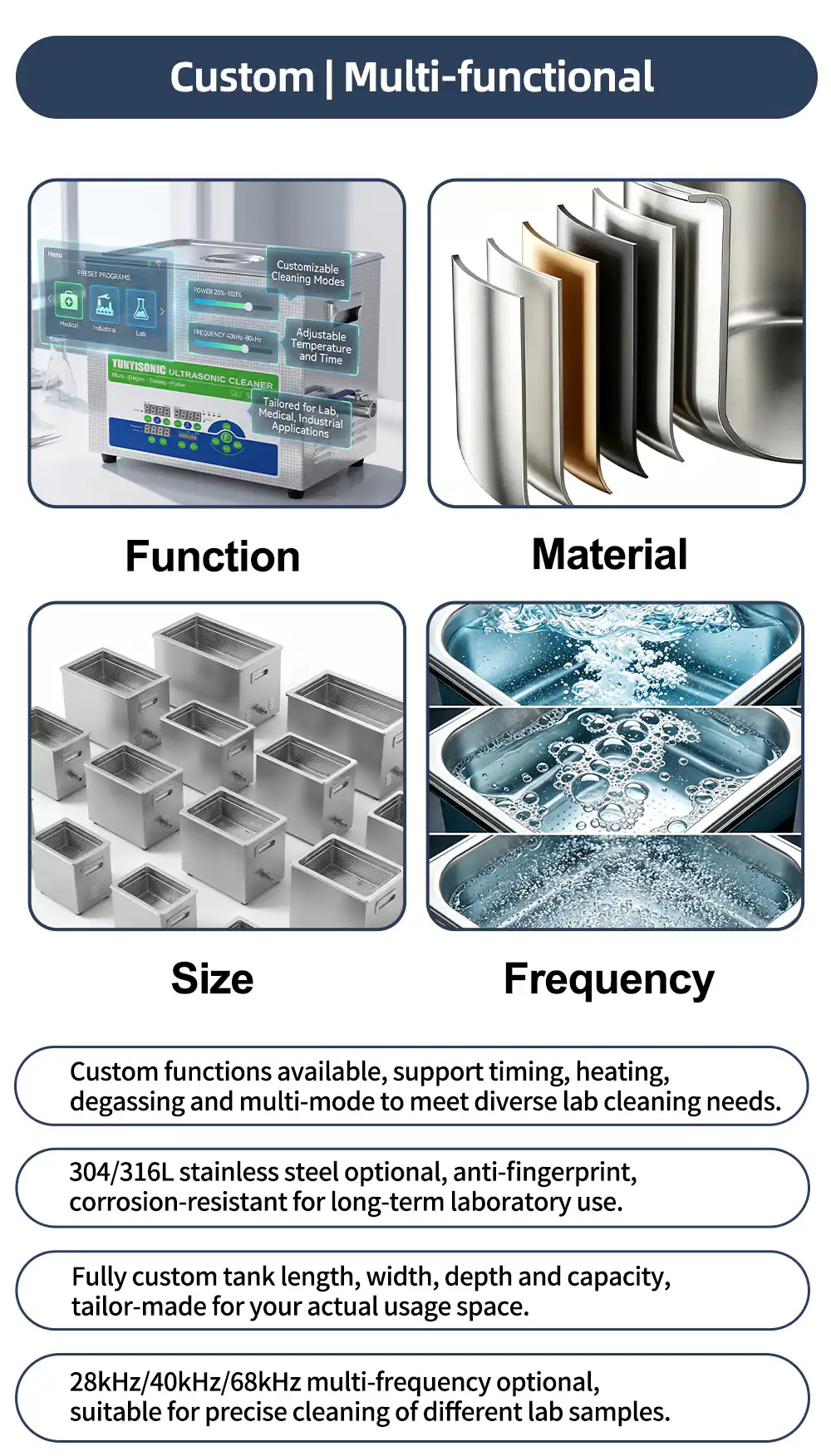 Custom Yunyisonic ultrasonic bath features: customizable functions, 304/316L stainless steel, custom tank sizes, and multi-frequency options Custom Yunyisonic ultrasonic bath features: customizable functions, 304/316L stainless steel, custom tank sizes, and multi-frequency options