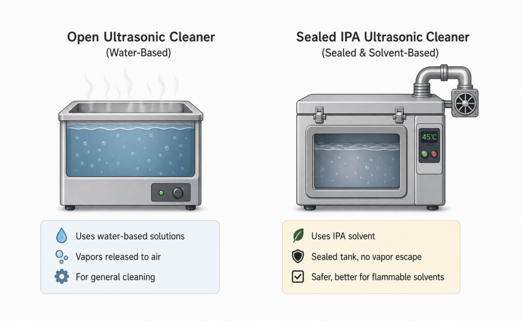 Side-by-side comparison of a standard open-top stainless steel ultrasonic cleaner for aqueous cleaning solutions and a sealed IPA solvent ultrasonic cleaning system, showing differences in construction, explosion prevention, solvent recovery, operator safety, and precision cleaning performance